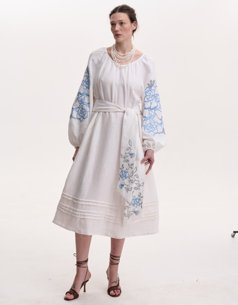 Embroidered White Linen Dress “Rose Blossom”
