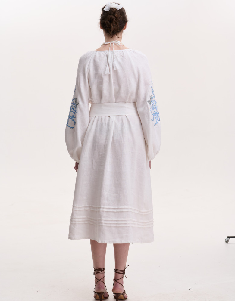 Embroidered White Linen Dress “Rose Blossom”