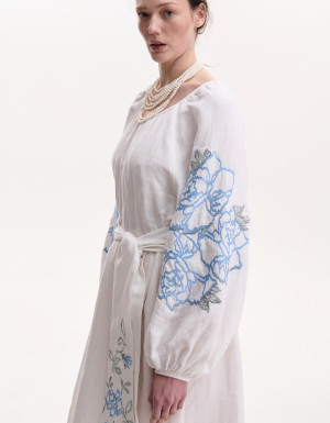 Embroidered White Linen Dress “Rose Blossom”