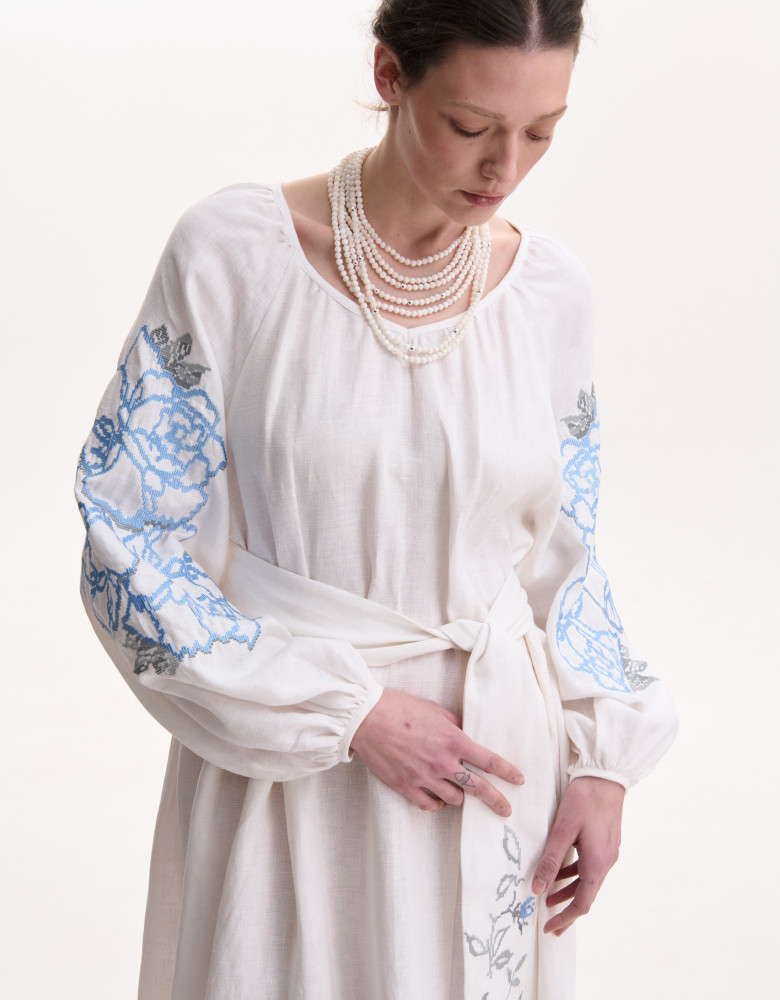 Embroidered White Linen Dress “Rose Blossom”