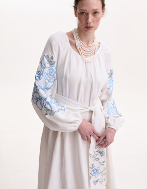 Embroidered White Linen Dress “Rose Blossom”