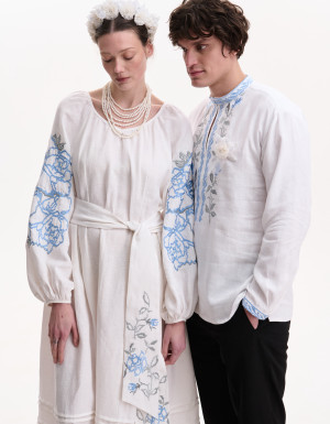 Embroidered White Linen Dress “Rose Blossom”