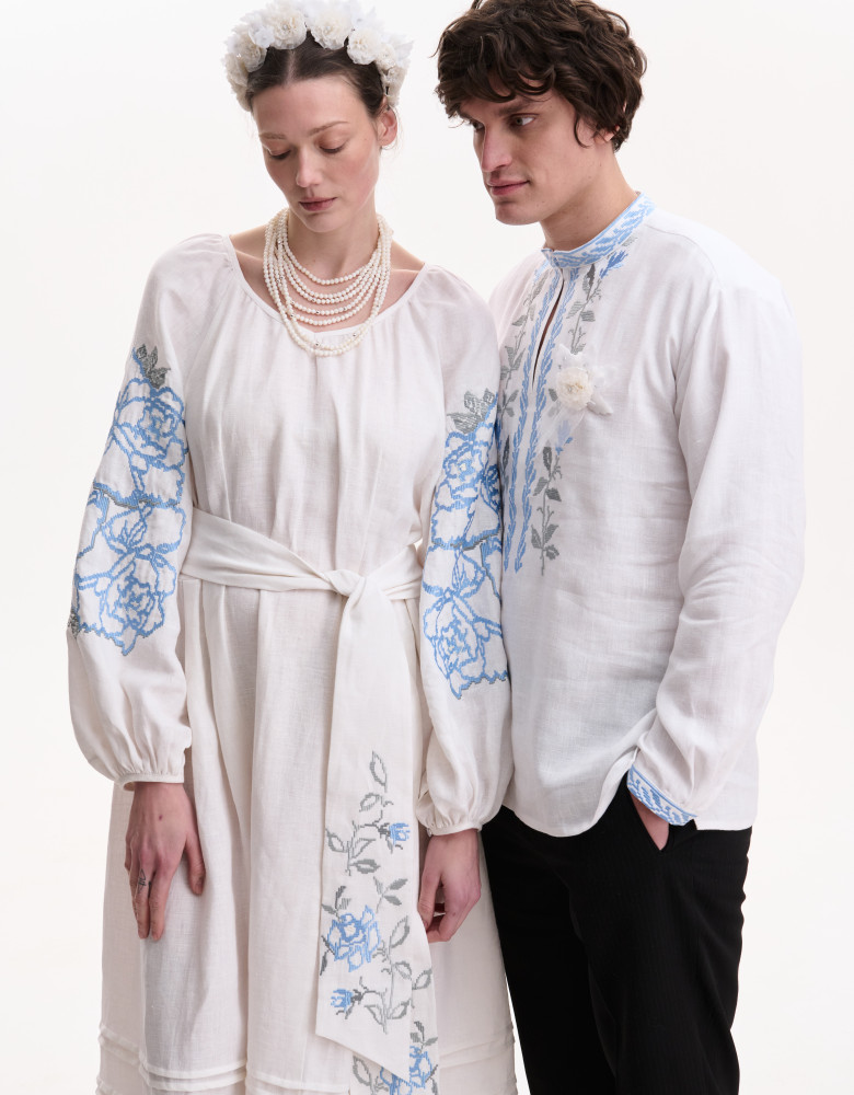 Embroidered White Linen Dress “Rose Blossom”