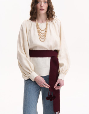 Burgundy woven belt with pom-poms