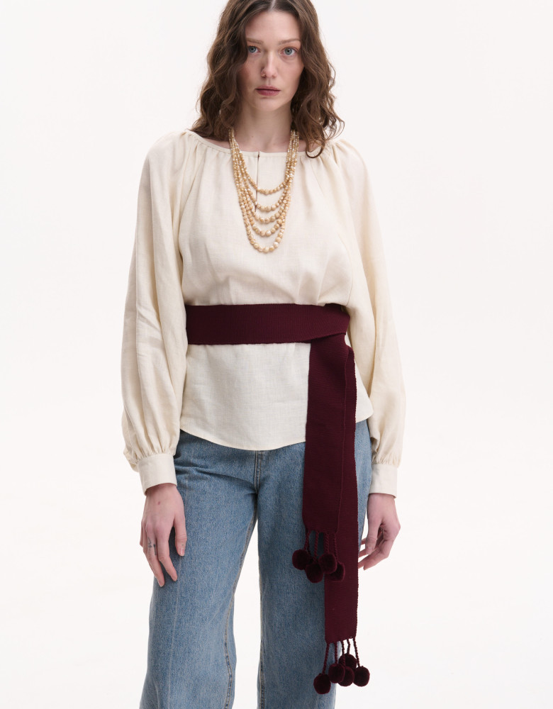 Burgundy woven belt with pom-poms