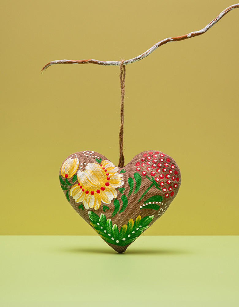 Coffee Heart with Yellow Flowers (Petrykivka Painting)