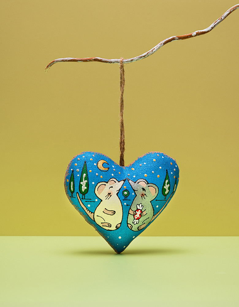 Coffee Heart with Mice on Sky Background