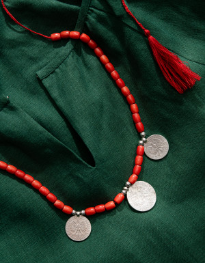 Coral "Zgarda" necklace with three coins