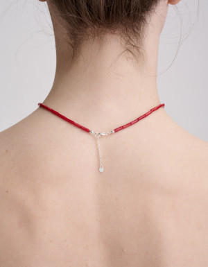 Necklace from burgundy coral, silver heart