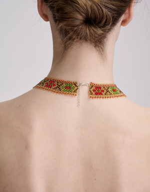 Beaded Necklace (gold with red and green flowers)