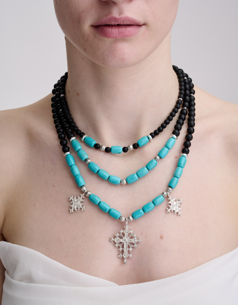 Necklace made of black shungite, silver crosses and turquoise hematite