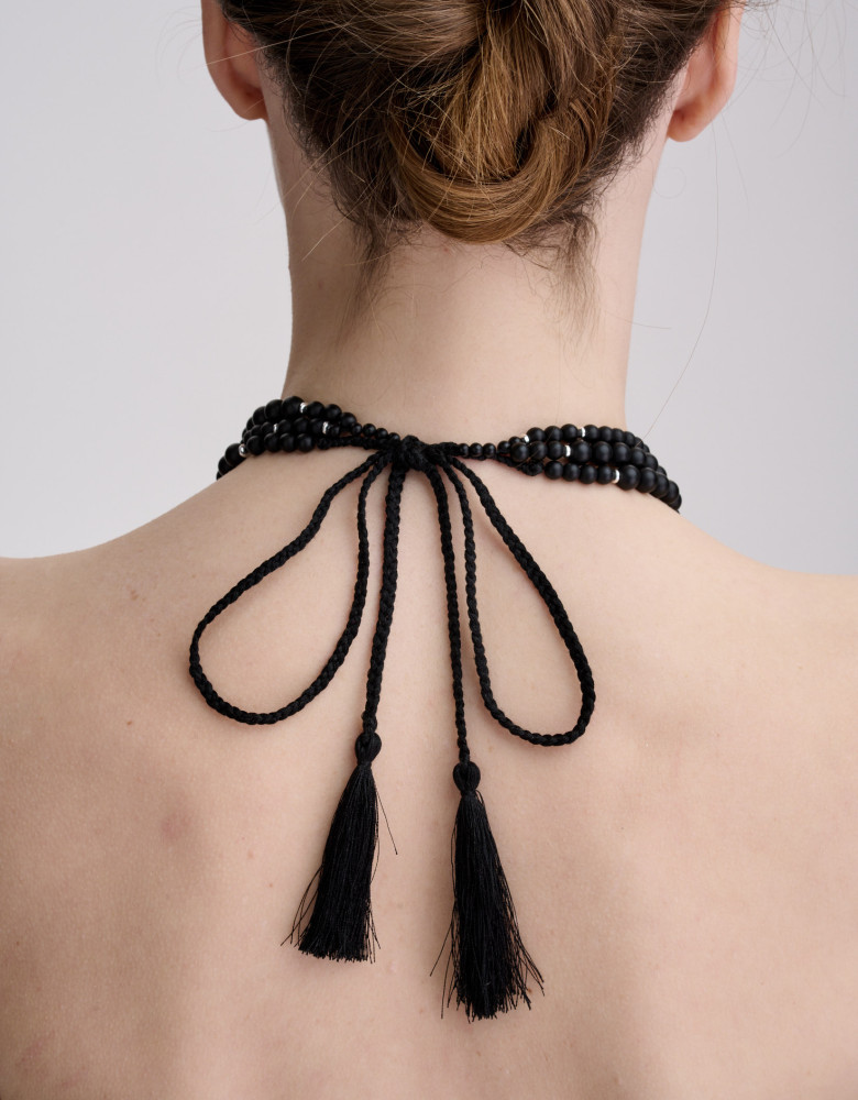 Necklace made of black shungite, silver crosses and turquoise hematite
